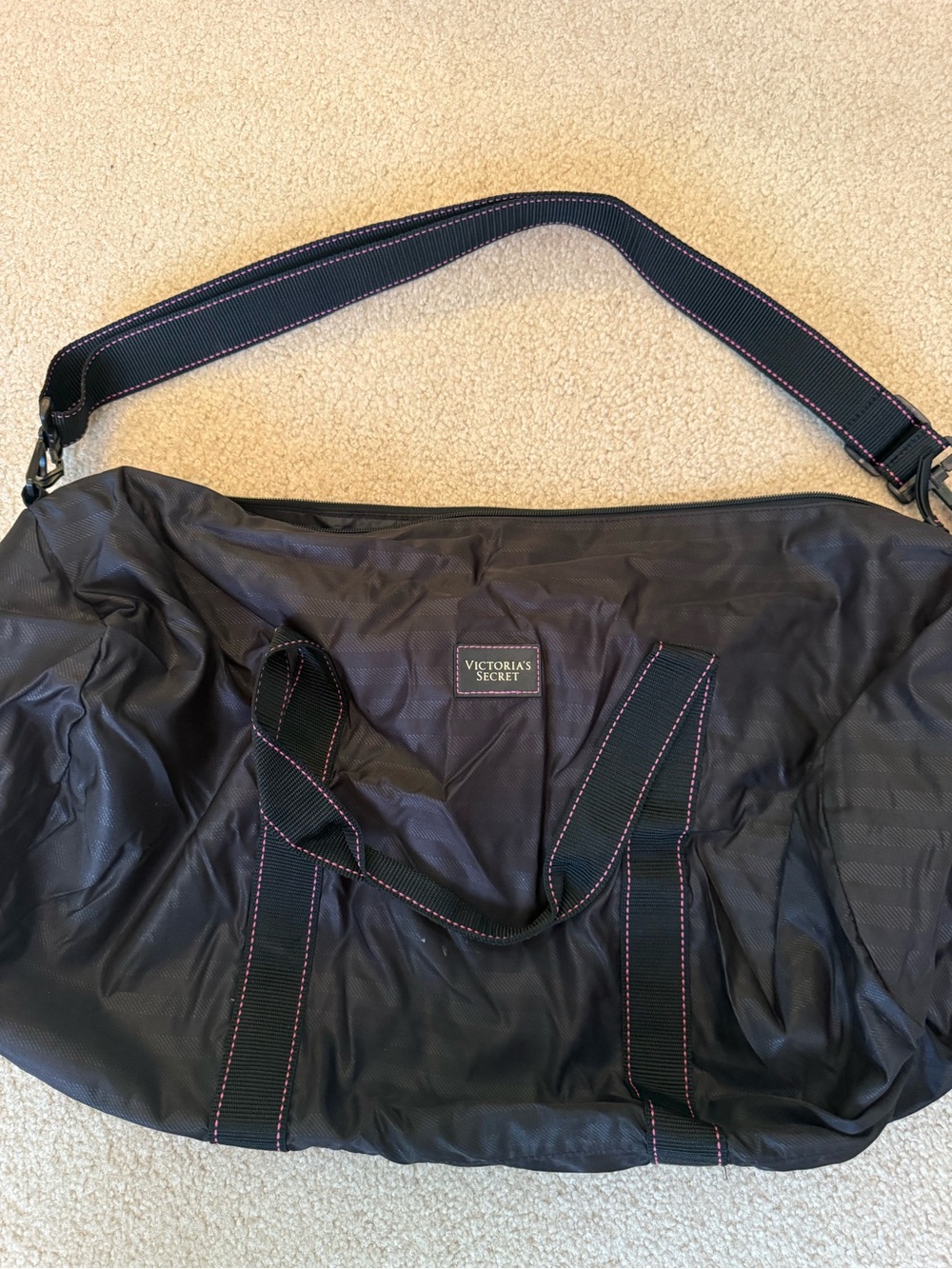 Victoria's Secret Black Duffel Bag with Pink Stitching
